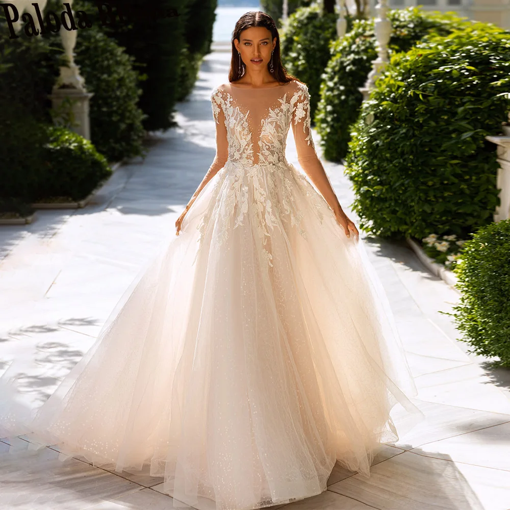 Paloda Vintage Illusion Backless Wedding Dresses For Women A-LINE Full Sleeves Scoop Bling Tulle Pleat Sweep Train Made To Order 
Paloda Vintage Illusion Backless Wedding Dresses For Women A-LINE Full Sleeves Scoop Bling Tulle Pleat Sweep Train Made To Order