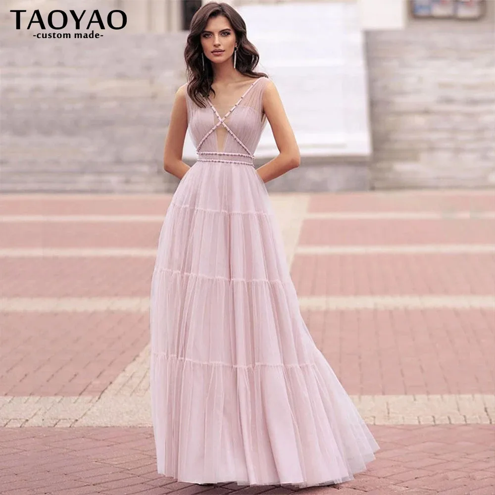 

A-Line Deep V-Neck Bead Long Evening Dresses Sleeveless Prom Dress For Women Party Tulle Pearls Floor Length Sexy Robe De Soriee