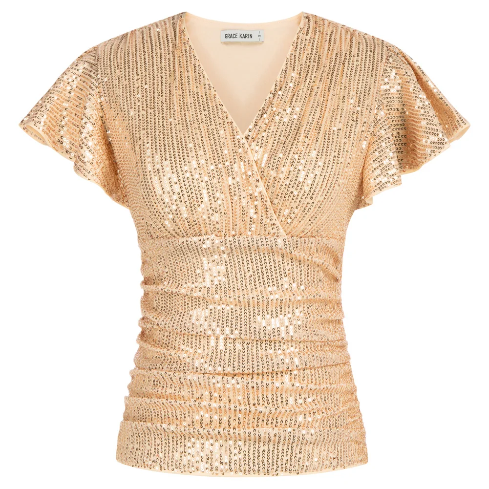 GK Women's T-shirt Ruched Sequined Tops Casual Short Flounce Sleeve Surplice V-Neck Tops Tee Female Summer Clothes
GK Women's T-shirt Ruched Sequined Tops Casual Short Flounce Sleeve Surplice V-Neck Tops Tee Female Summer Clothes