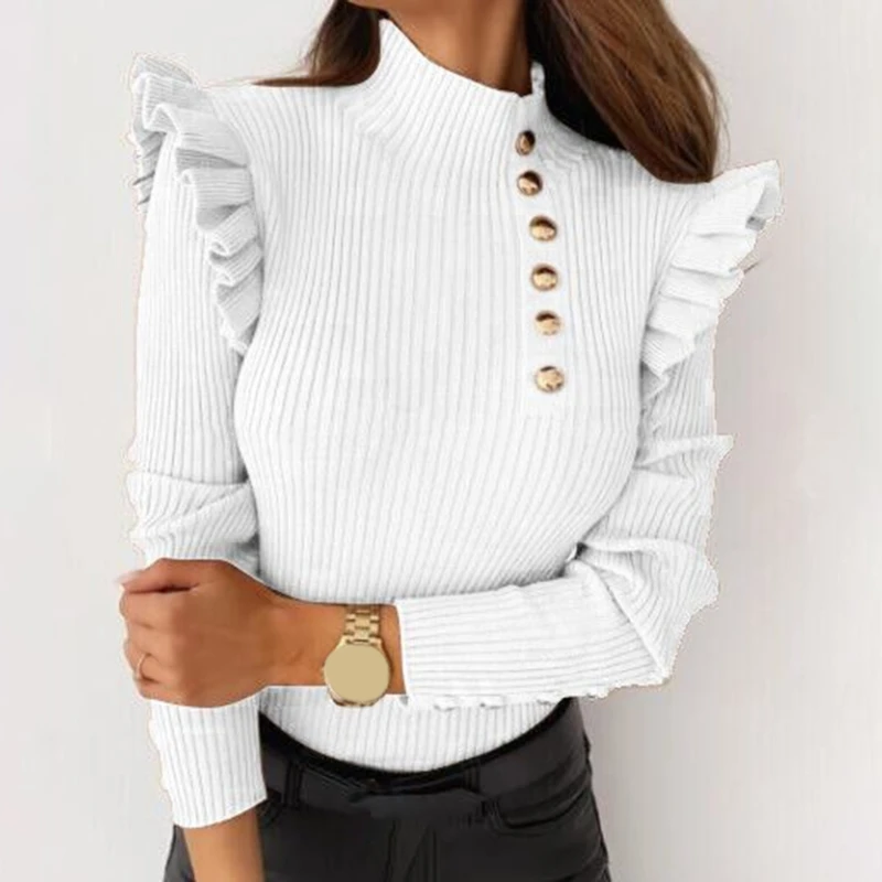 Fashion Autumn Ruffles Long Sleeve T Shirt Elegant O Neck Slim Rib Button Decoration Pullover Tops Spring Casual T Shirts Blusa
Fashion Autumn Ruffles Long Sleeve T Shirt Elegant O Neck Slim Rib Button Decoration Pullover Tops Spring Casual T Shirts Blusa