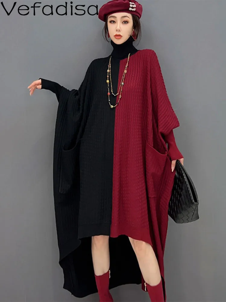 

Vefadisa 2023 Spring Autumn Turtleneck Pullover Dress Loose Color Blocking Irregular Knitting Bat Sleeve Dress Women's LHX3309