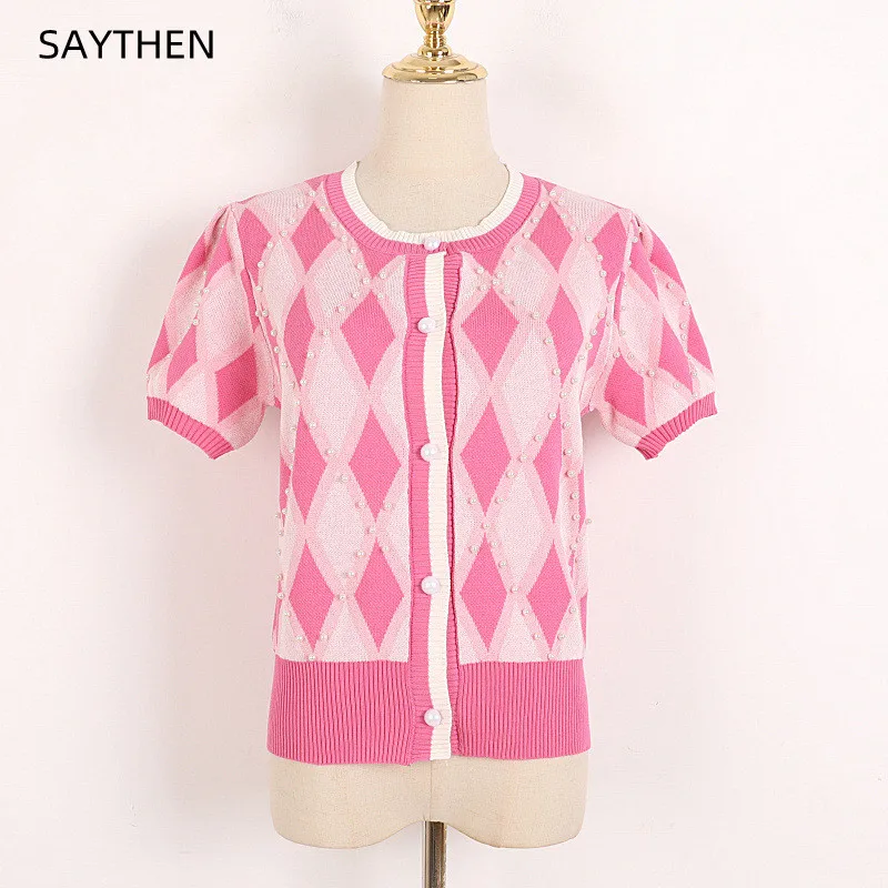 SAYTHEN Diamond Beaded Slim Knitted Feminine Pink Cardigan Summer Short-Sleeved Color Matching Stitching Sweet Round Neck Tops
SAYTHEN Diamond Beaded Slim Knitted Feminine Pink Cardigan Summer Short-Sleeved Color Matching Stitching Sweet Round Neck Tops