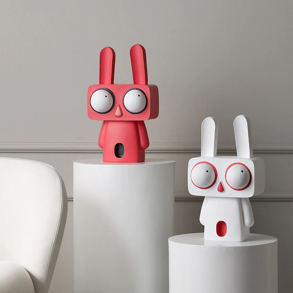 

New Resin Cute Rabbit Statue Decoration Home Office Desk Bunny Ornament Hand Drawn Cartoon Red And White Big Eyes Rabbit Gift