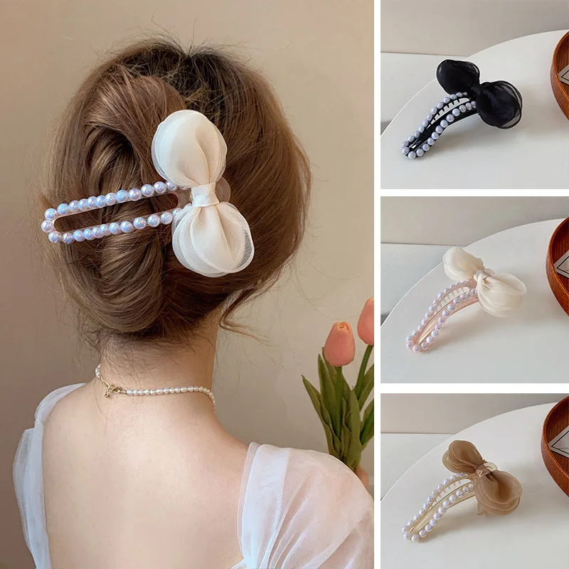 

New Bow Hair Clip for Women duckbill clip Coil Hair Large Grab Clip Simple Pearl Hairpin Shark Clip HAIR CLIP FOR GIRL Ornament