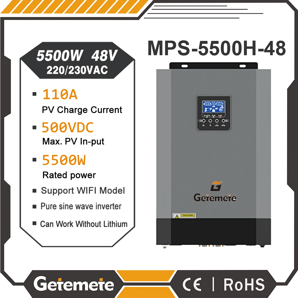 Гибридный солнечный инвертор GTMT, 5500 Вт, 48 В, кВт, MPPT 110A
Гибридный солнечный инвертор GTMT, 5500 Вт, 48 В, кВт, MPPT 110A