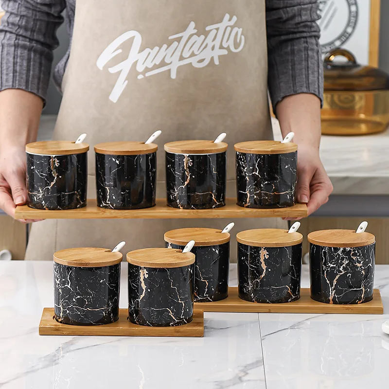 Ceramic Seasoning Jar with Tray Black Marble Seasoning Sugar Box Restaurant Seasoning Soy Sauce Vinegar Bottle Kitchen Supplies
Ceramic Seasoning Jar with Tray Black Marble Seasoning Sugar Box Restaurant Seasoning Soy Sauce Vinegar Bottle Kitchen Supplies