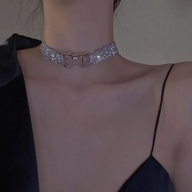 Французское ожерелье-чокер в стиле ретро Bling Стразы для женщин серебряного цвета