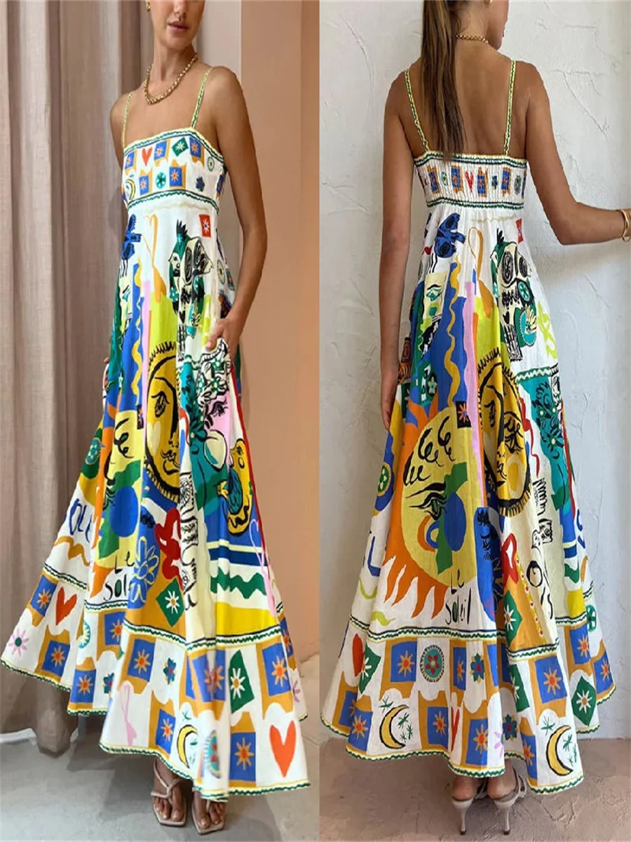 2023 Summer Women Elegant Colorful Printing Long Vacation Dress Loose Spaghetti Straps Backless Ladies Sexy Beach Swing Dresses
2023 Summer Women Elegant Colorful Printing Long Vacation Dress Loose Spaghetti Straps Backless Ladies Sexy Beach Swing Dresses