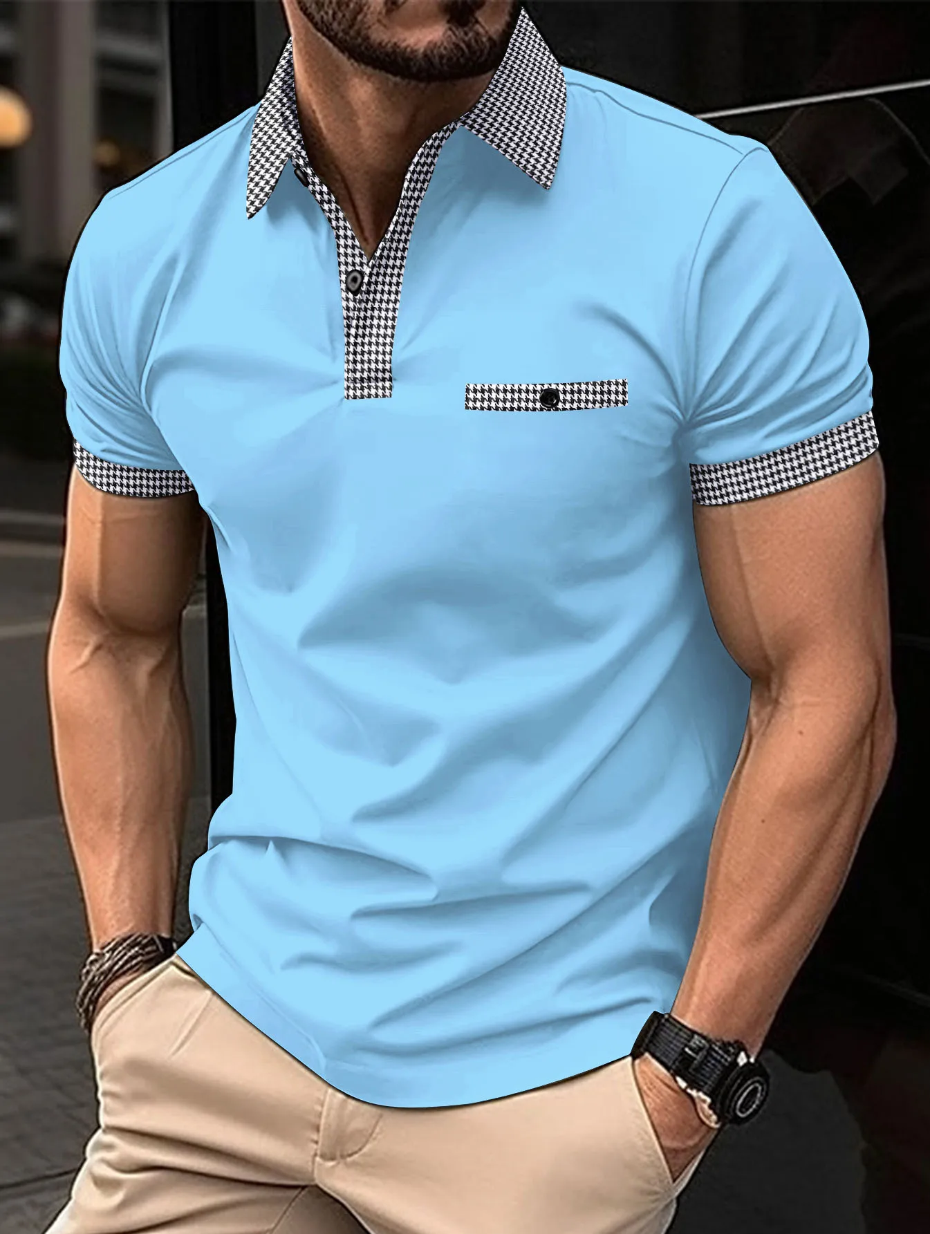 Fashion men's high-end slim-fit thousand bird check short-sleeved POLO shirt; Plaid collar shaping
Fashion men's high-end slim-fit thousand bird check short-sleeved POLO shirt; Plaid collar shaping