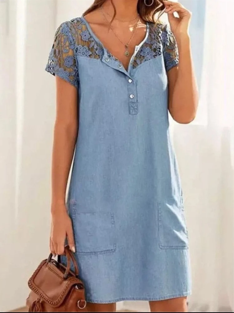 Solid Color Short Sleeved Lace Stitching Dresses Women's Clothing Regual Double Pockets Round Neck Straight Short Skirts Casual
Solid Color Short Sleeved Lace Stitching Dresses Women's Clothing Regual Double Pockets Round Neck Straight Short Skirts Casual
