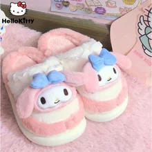 Sanrio Hello Kitty Pantuflas My Melody Kawaii Pink Plush Home Slippers Yk2 Women Winter Fluffy Fur Slippers Cute Flat Shoes Y 2k