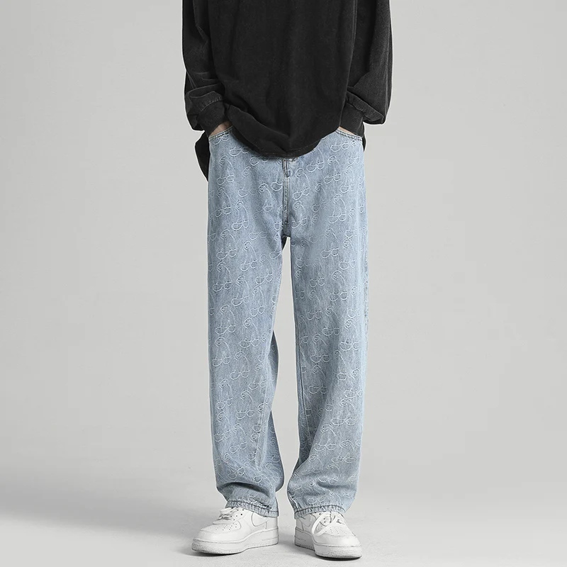 

2023 Y2K корейские модные мужские мешковатые джинсы, классические мужские прямые джинсовые брюки унисекс с широкими штанинами в стиле хип-хоп, ярко-голубые