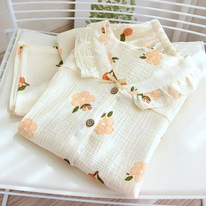 

Women Long Sleeve Trousers Soft Pajamas Suit 2Piece/Set Sweet Floral Print Pyjama Cotton Gauze Thin Nightwear Autumn