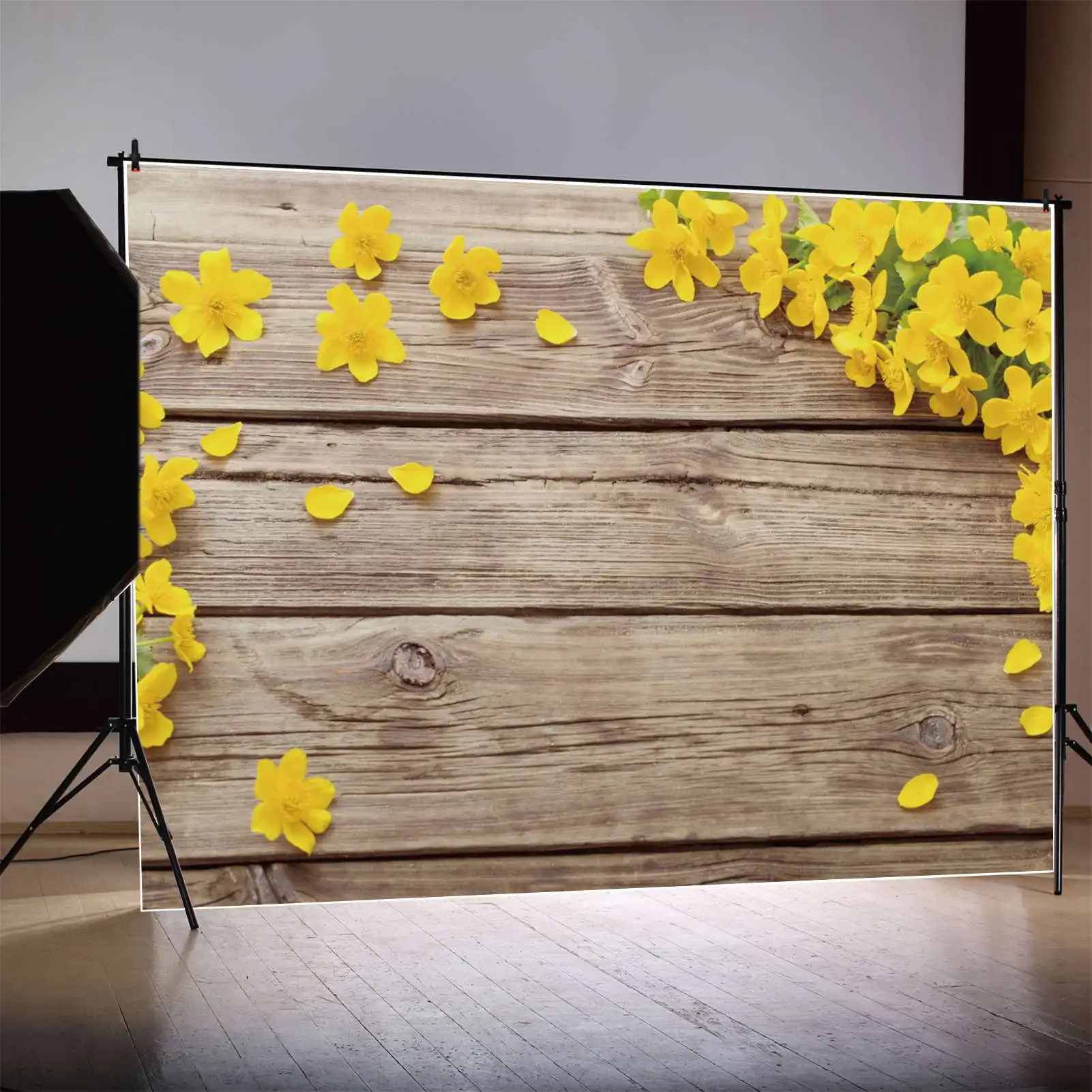 

Yellow Flowers Wooden Board Photography Backdrops Brown Plank Spring Floral Personalized Baby Photobooth Photo Background