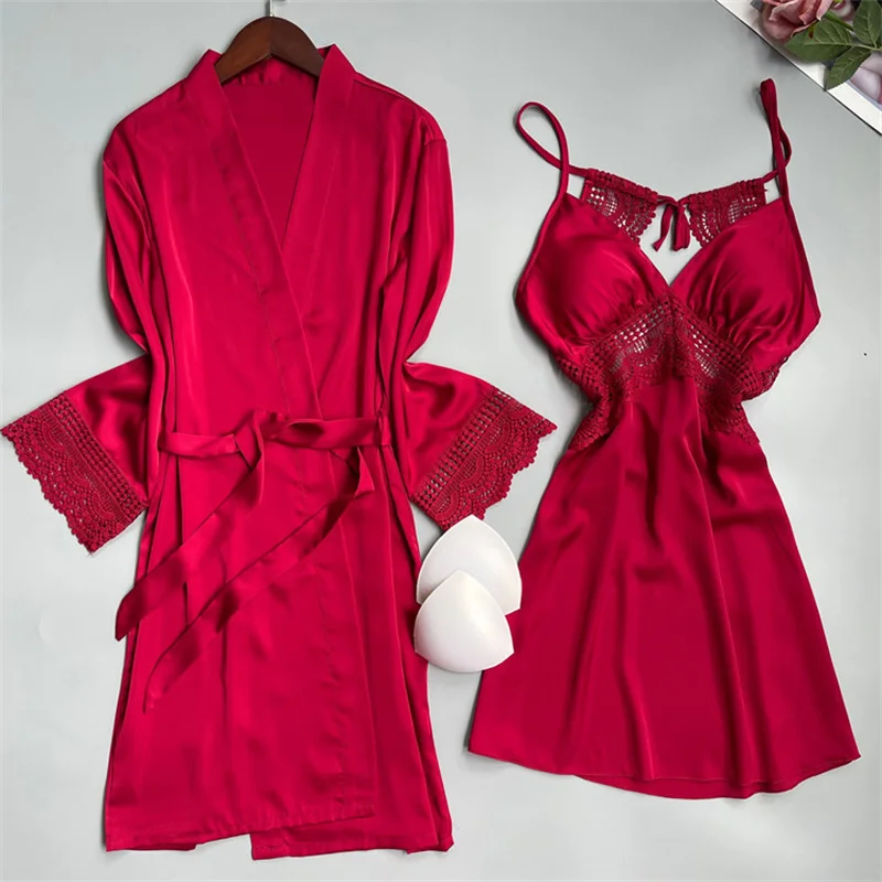 

Свадебный костюм-двойка бордового цвета, пикантная Женская одежда для сна, кимоно, халат, ночная рубашка, кружевная ночнушка в стиле пэчворк, шелковая атласная домашняя одежда
