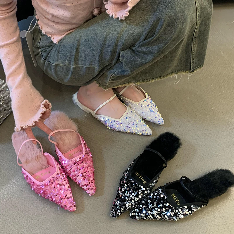 Bailamos Women's Bling Fur Decorative Slippers Low Heel Single Shoes Elegant Sexy Pointed Open Heel Wedding Dress Pumps Mujer
Bailamos Women's Bling Fur Decorative Slippers Low Heel Single Shoes Elegant Sexy Pointed Open Heel Wedding Dress Pumps Mujer