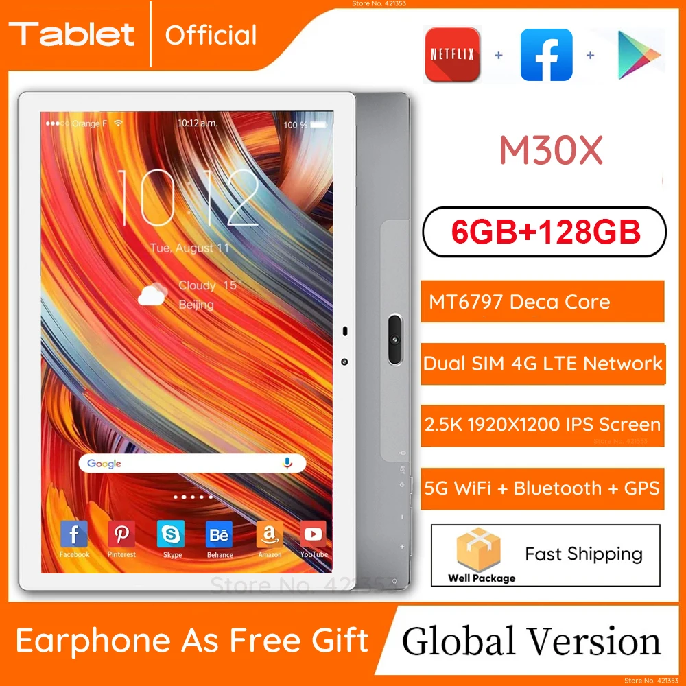 

10-дюймовый планшет MX30 Pad, 6 ГБ ОЗУ 128 Гб ПЗУ, Android 10,0, десятиядерный, 13 МП + 5 МП, Bluetooth, стандартный Wi-Fi, GPS, 10,1 IPS, 1920x1200