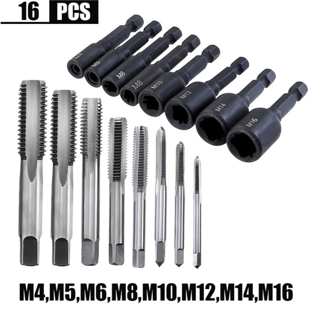 16Pcs/Set 6.35mm Hex Shank Thread Tap Socket Adapter M4-M14 HSS Straight Fluted Screw Tap For Machine Tapping Threading Tool
16Pcs/Set 6.35mm Hex Shank Thread Tap Socket Adapter M4-M14 HSS Straight Fluted Screw Tap For Machine Tapping Threading Tool