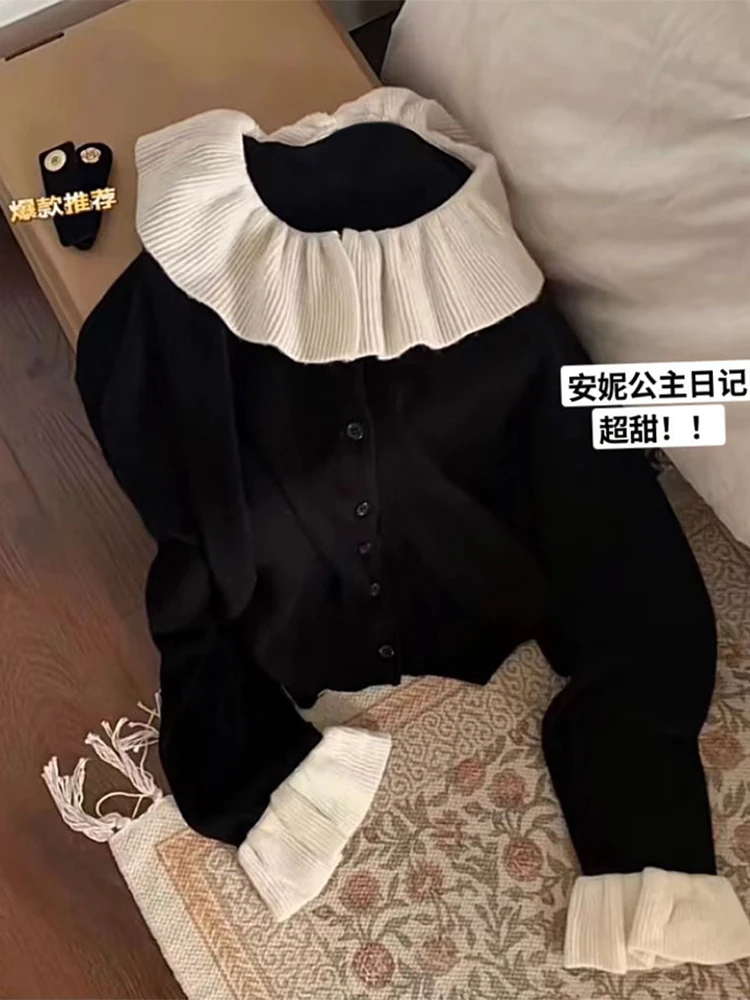 Contrast Color Patchwork Sweater Vintage Women Knitwear Peter Pan Collar Autumn Ruffle Knitted Cardigan Coat Korean Style Basic
Contrast Color Patchwork Sweater Vintage Women Knitwear Peter Pan Collar Autumn Ruffle Knitted Cardigan Coat Korean Style Basic