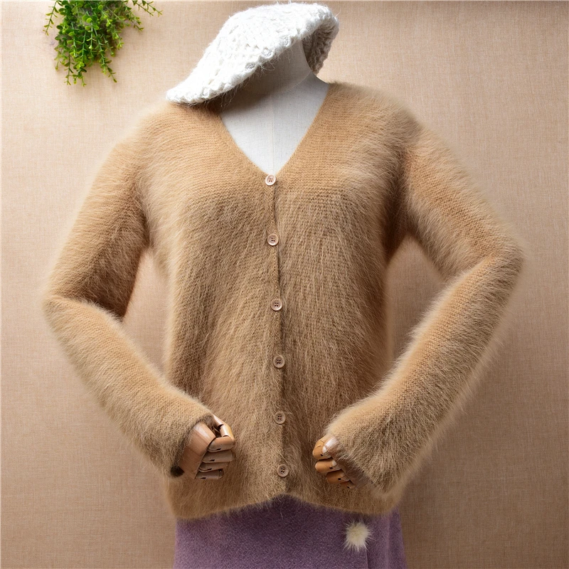 

Женская осенне-зимняя одежда из меха норки и кашемира с ворсом, вязаные облегающие кардиганы с V-образным вырезом и длинными рукавами, Меховая куртка из ангоры, свитер