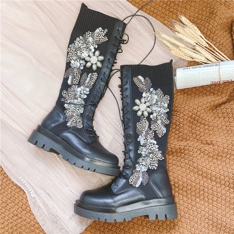 Custom Beaded Women Lace Up Knee High Motorcyle Boots Punk Bling Sequins Platform Martin Boots Autumn Winter Shoes Female
Custom Beaded Women Lace Up Knee High Motorcyle Boots Punk Bling Sequins Platform Martin Boots Autumn Winter Shoes Female