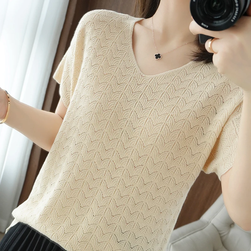 Cotton T-shirt women's summer new knitted sweater short-sleeved V-neck casual pullover hollow women's large size T-shirt
Cotton T-shirt women's summer new knitted sweater short-sleeved V-neck casual pullover hollow women's large size T-shirt