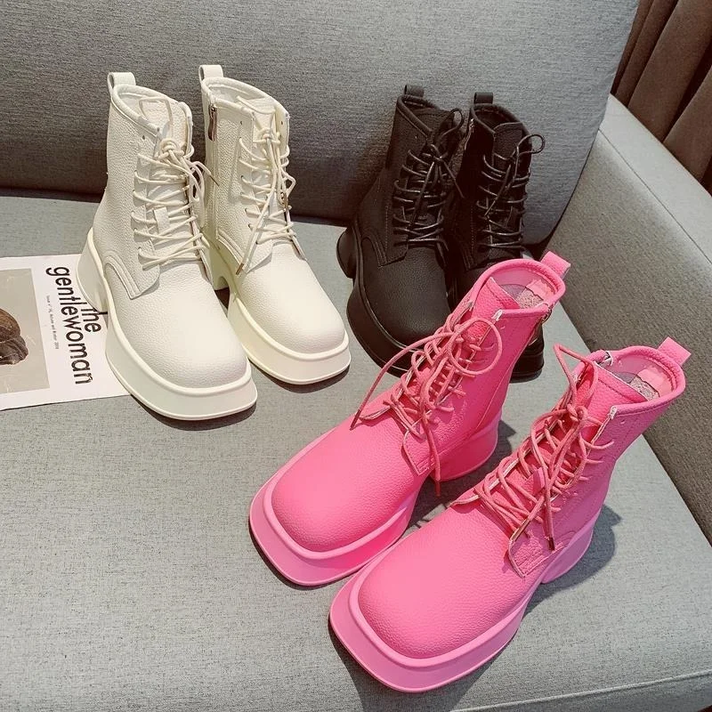 Women's Summer Thin Short Boots New Leather Thick Bottom Light Lacing Casual Heightening Short Boots Rose Powder Women Boots 
Women's Summer Thin Short Boots New Leather Thick Bottom Light Lacing Casual Heightening Short Boots Rose Powder Women Boots