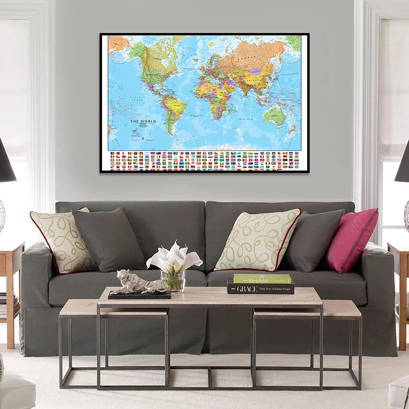 

The World Political Map with National Flags 60*40cm Canvas Painting Wall Art Poster School Supplies Living Room Decor Geography
