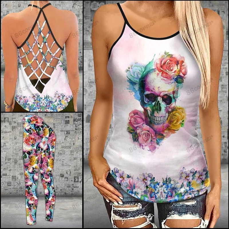 Skull Roses and Floral Criss-Cross Open Back Camisole Tank Top + Leggings Sleeveless Shirt Summer Vest + Yoga Pants Set
Skull Roses and Floral Criss-Cross Open Back Camisole Tank Top + Leggings Sleeveless Shirt Summer Vest + Yoga Pants Set