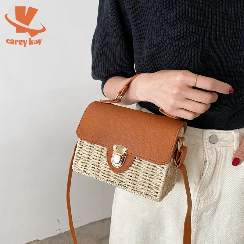 

CAREY KAY Fashion PU Straw Ladies Handbag 2022 Summer New Vintage Rattan Bag Bohemia Woven Beach Travel Shoulder Messenger Bag
