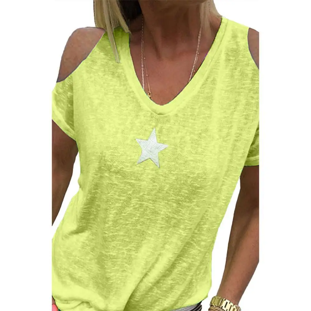 Women T-Shirt Summer Cold Shoulder Star Print V Neck Solid Color T-shirts Women gym fitness Tee Tops camisetas футболка
Women T-Shirt Summer Cold Shoulder Star Print V Neck Solid Color T-shirts Women gym fitness Tee Tops camisetas футболка