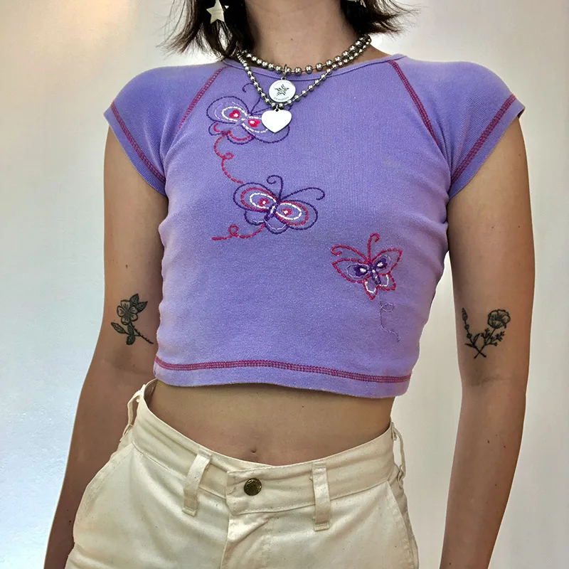Fashion Y2k Top Embroidered T-shirt Women 2021 Summer New Purple Cotton Butterfly Short-sleeved T-shirt Sexy Girl Harajuku Tops
Fashion Y2k Top Embroidered T-shirt Women 2021 Summer New Purple Cotton Butterfly Short-sleeved T-shirt Sexy Girl Harajuku Tops