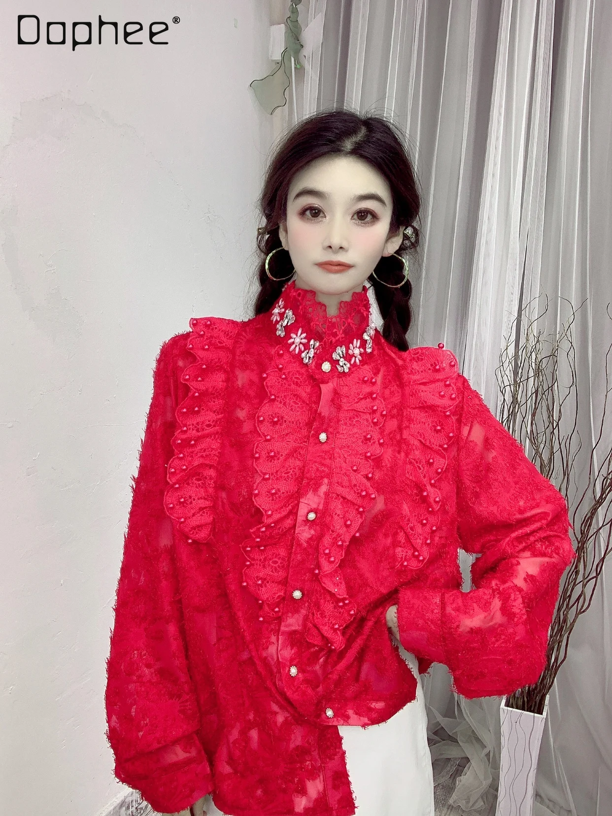 Elegant Rhinestone String Beads Flocking Flower Shirt for Women Spring 2022 New Fairy Loose Beaded Red Long Sleeve Lace Blouses
Elegant Rhinestone String Beads Flocking Flower Shirt for Women Spring 2022 New Fairy Loose Beaded Red Long Sleeve Lace Blouses