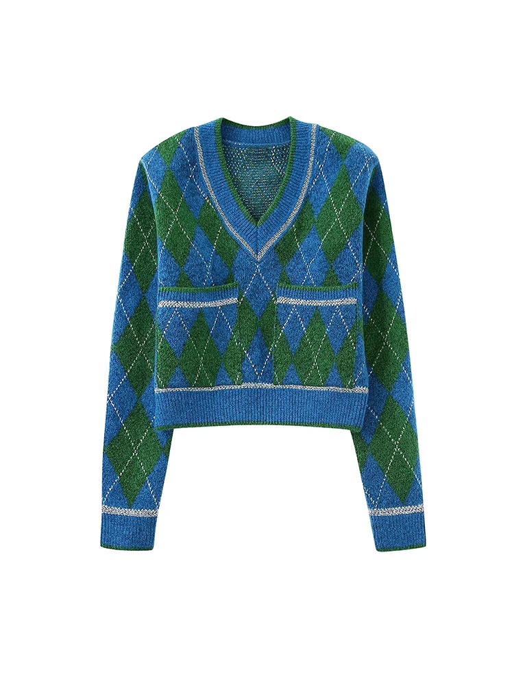 TRAF 2022 Women Sweater Fashion Argyle Knitted Sweater tops Winter V-neck Long Sleeve Female Pullover Causal Warm Tops
TRAF 2022 Women Sweater Fashion Argyle Knitted Sweater tops Winter V-neck Long Sleeve Female Pullover Causal Warm Tops