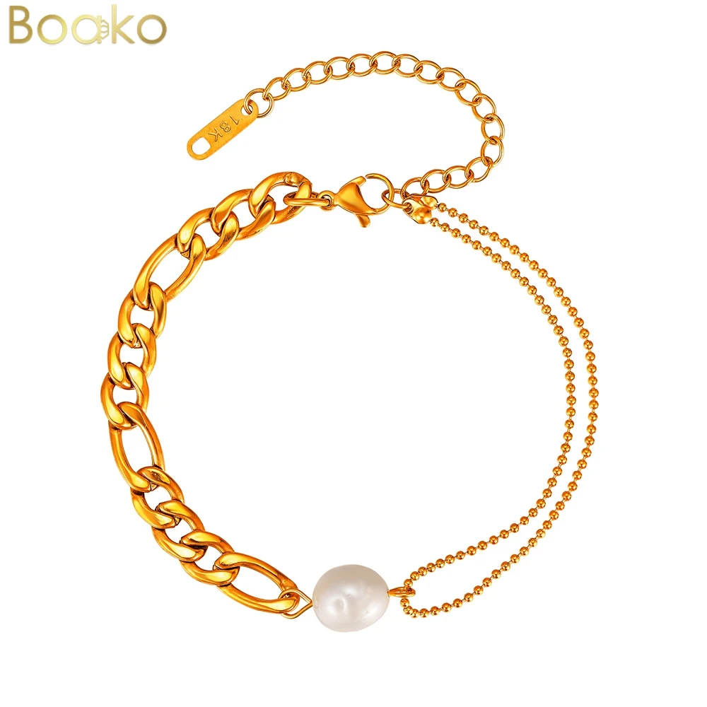 BOAKO Asymmetrical Figaro Chain Stainless Steel Bracelets For Women Fashion Pearl 18K Gold Buckle Bracelet Women Design Jewelry
BOAKO Asymmetrical Figaro Chain Stainless Steel Bracelets For Women Fashion Pearl 18K Gold Buckle Bracelet Women Design Jewelry