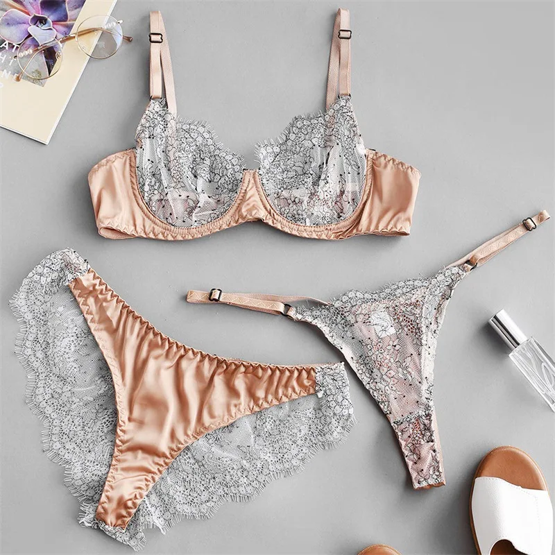 

2023 new hot sale ultra-thin sexy underwired sheer underwear lace tin-tinted stitching eyelash fun three-piece set