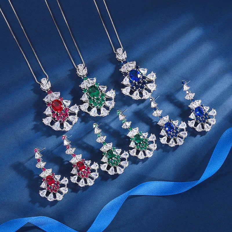 

2023 New Emerald Crystal Flower Maple Leaf Water Droplet Luxury Pendant Necklace Long Dangle Earrings Women Jewelry Charms Gift