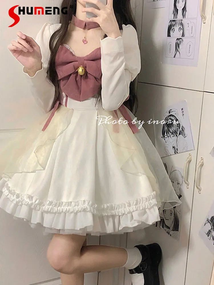 Cute Lolita Bow JSK Sleeveless Sling Dress Women and Vest Top 2023 Spring Sweet Girl Princess Short Slip Dresses with Waistcoat
Cute Lolita Bow JSK Sleeveless Sling Dress Women and Vest Top 2023 Spring Sweet Girl Princess Short Slip Dresses with Waistcoat