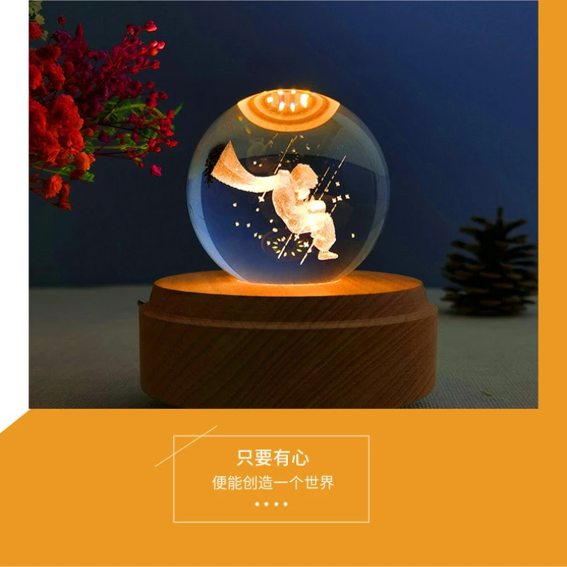 

Creative Crystal Ball Music Box Wooden Base Rotating Music Box Eternal Flower Crystal Specimen LED Night Light Birthday Gift