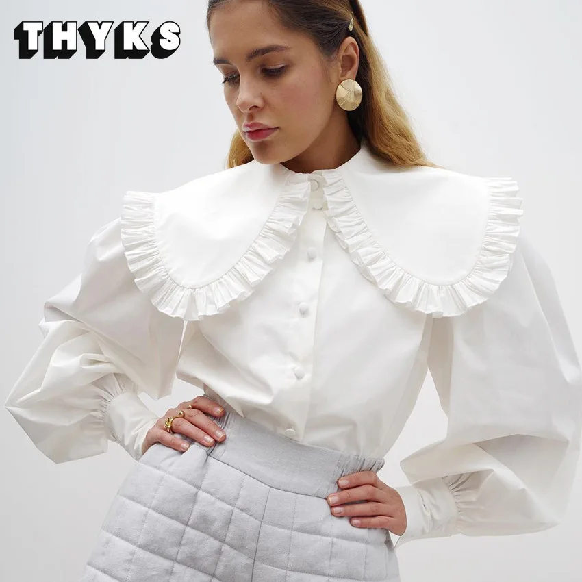 Big Peter Pan Collar Ruffle Ladies Shirt White Single Breasted Long Sleeve Cotton Casual Top Sweet Frill Women's Chemise Femme
Big Peter Pan Collar Ruffle Ladies Shirt White Single Breasted Long Sleeve Cotton Casual Top Sweet Frill Women's Chemise Femme