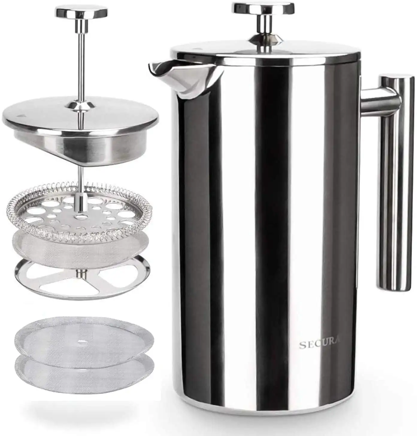 French Press Coffee Maker, 304 Grade Stainless Steel Insulated Coffee Press with 2 Extra Screens, 34oz (1 Litre), Silver
French Press Coffee Maker, 304 Grade Stainless Steel Insulated Coffee Press with 2 Extra Screens, 34oz (1 Litre), Silver
