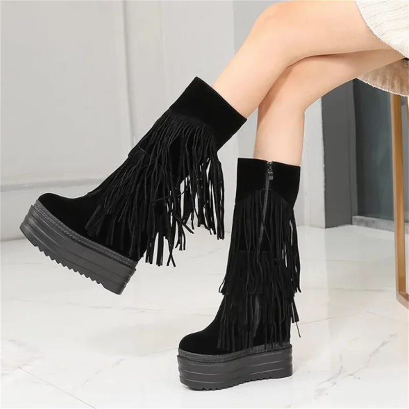 

Personality niche midtube fringe women's boots winter new thin boots wedge heel thick sole inside increase high heel warm boots
