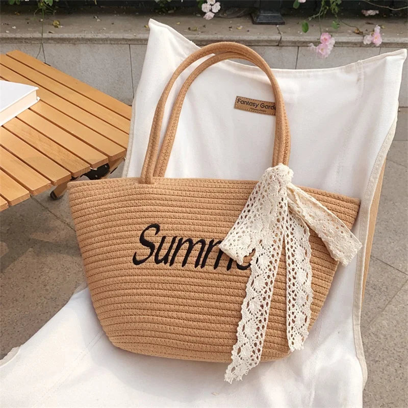 Women Fashion Letter Woven Bag Shopper Bag Lace Bowknot Decor Beach Handbags Tote Bag Large Capacity Shoulder Bags 
Women Fashion Letter Woven Bag Shopper Bag Lace Bowknot Decor Beach Handbags Tote Bag Large Capacity Shoulder Bags