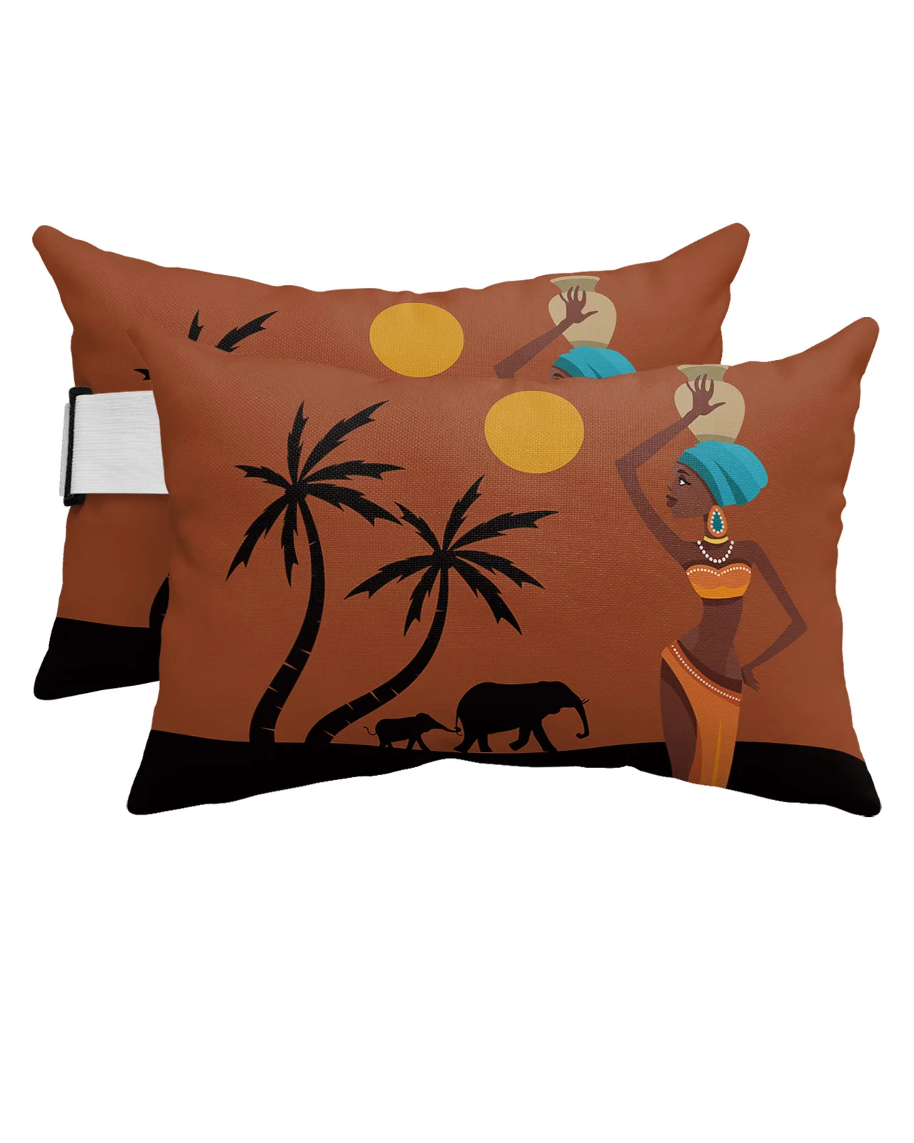 

African Women Sunset Landscape Elephant Waterproof Pillow With Insert Adjustable Lounge Chair Recliner Head Lumbar Travel Pillow