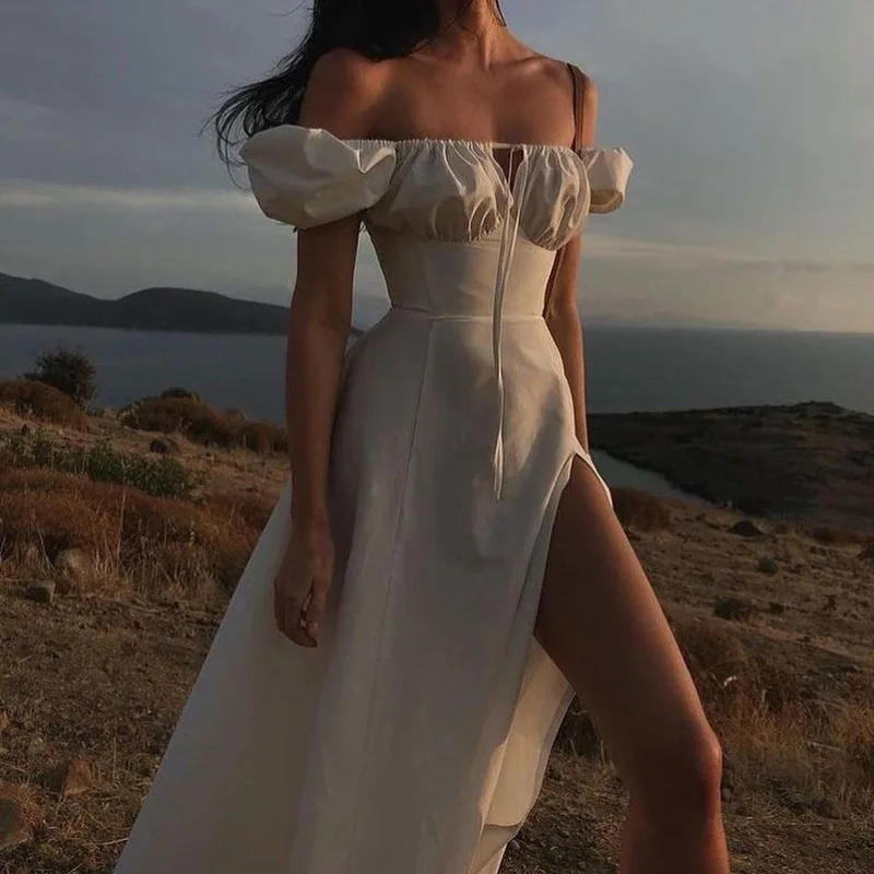 Women's Puff Sleeve White Summer Vacation Dress Female Elegant Off Shoulder Tie up Maxi Side Split Ruched Ladies A-line Robe
Women's Puff Sleeve White Summer Vacation Dress Female Elegant Off Shoulder Tie up Maxi Side Split Ruched Ladies A-line Robe