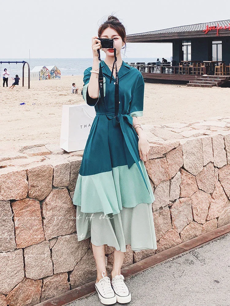 Patchwork Cupcake Mid-calf Dress Women Loose Short Sleeve Belt Notched Single Breasted 2022 Summer Female Clothing B347
Patchwork Cupcake Mid-calf Dress Women Loose Short Sleeve Belt Notched Single Breasted 2022 Summer Female Clothing B347