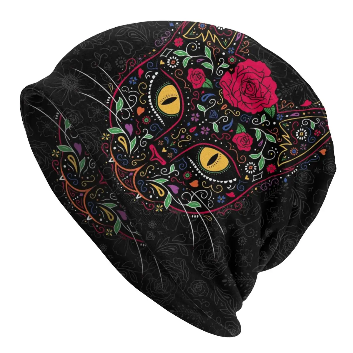 

Day Of The Dead Kitten Cat Sugar Skull Winter Bonnet Femme Slouchy Beanie Hat Mexican Halloween Floral Ski Skullies Beanies Cap