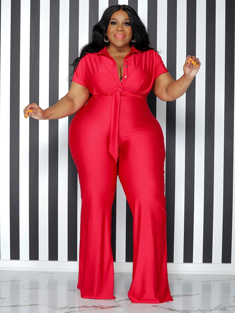 Plus Size 4XL Jumpsuits Short Sleeve V Neck High Waist Red Black Summer Long Flare Pants Overalls for Ladies Evening Party 2022
Plus Size 4XL Jumpsuits Short Sleeve V Neck High Waist Red Black Summer Long Flare Pants Overalls for Ladies Evening Party 2022