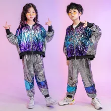Kid Hip Hop Clothing Sequined Coat Jacket Loosed Silver Pants For Girls Boys Street Jazz Dance Costume Performan Clothes Wear
