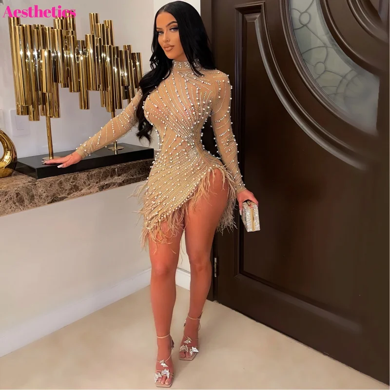 

Autumn Sheer Mesh Pearls Diamonds Feathers Hem Mini Party Dress Women Sexy Mock Neck Long Sleeve Irregular Bodycon Clubwear